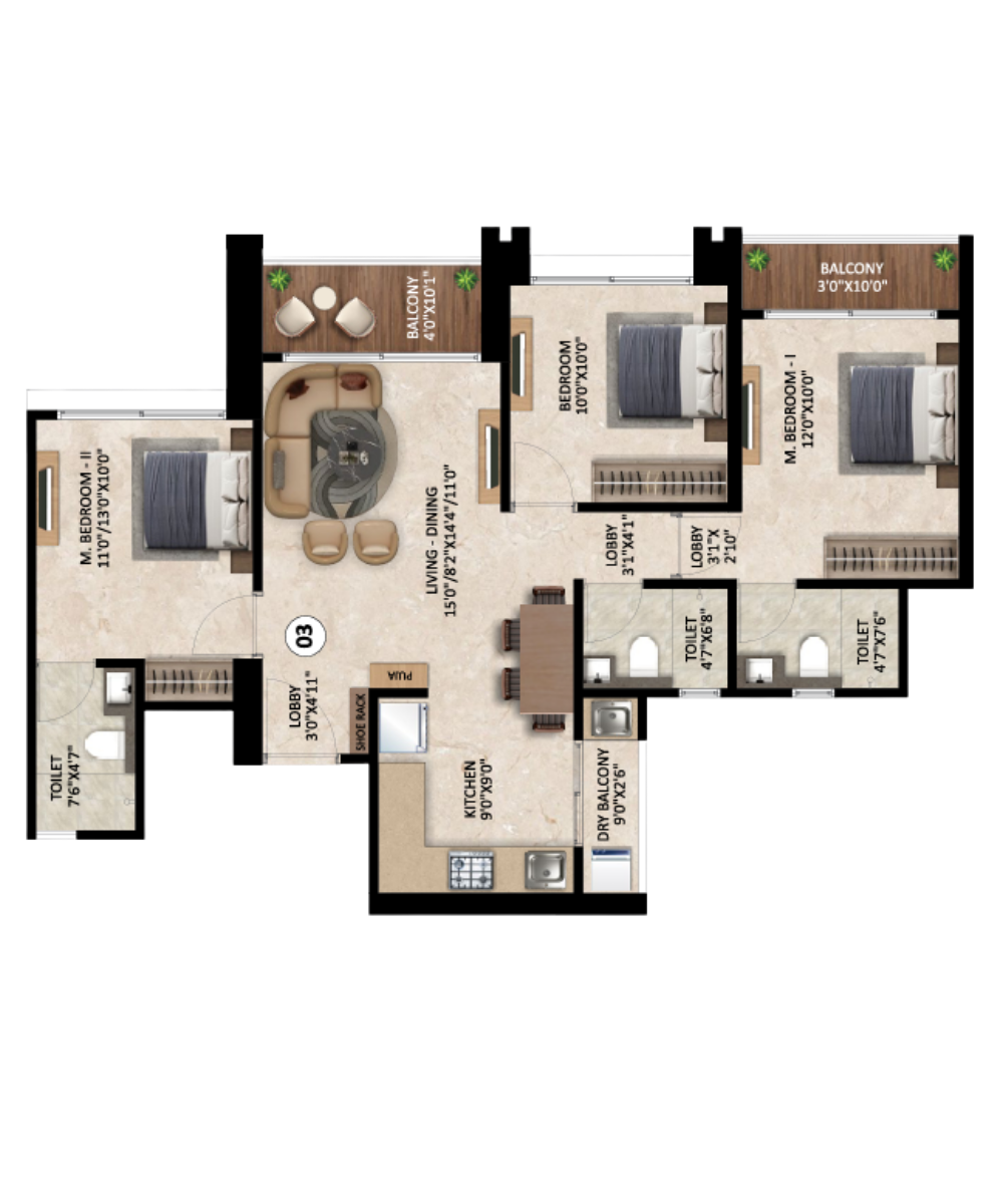 Highness 3 BHK 901 Sq.Ft. Floor Plan